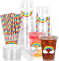 Whaline 50 Pcs 12 Oz Pastel Rainbow Disposable Plastic Cups with Lids and Straws Colorful Cold Beverage Drinking Cups for Birthday Baby Shower Party Supplies by Whaline