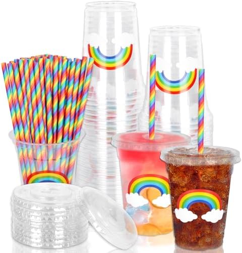 Whaline 50 Pcs 12 Oz Pastel Rainbow Disposable Plastic Cups with Lids and Straws Colorful Cold Beverage Drinking Cups for Birthday Baby Shower Party Supplies by Whaline