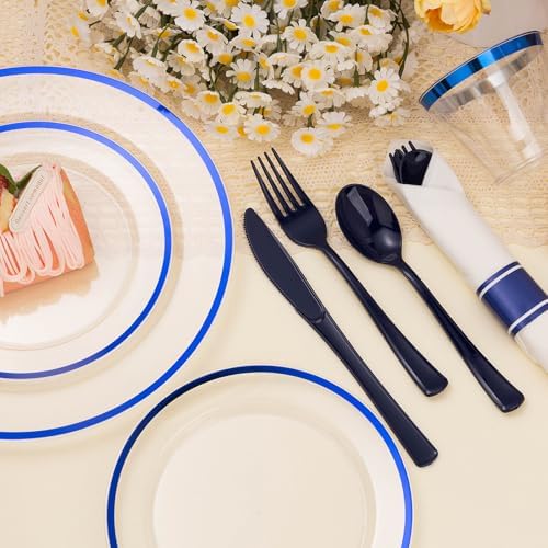 BESTSTAR 350PCS Clear and Blue Disposable Plastic Plates Set for 50 Guests - Image 5
