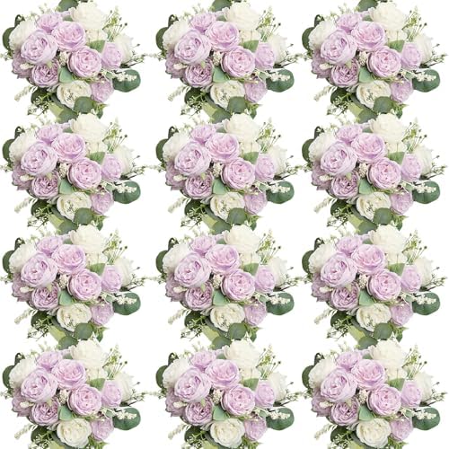 12 Bundles Purple White Artificial Peonies Silk Flowers Bulk by Nagobi
