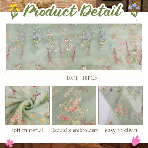 Floral Table Runner 10ft Embroidery Tulle Spring Wildflower Gauze Table Runner Seasonal Summer Butterfly Kitchen Dining Decoration for Wedding Baby Shower Birthday Party(Sage Green,10 Pcs) - Image 2