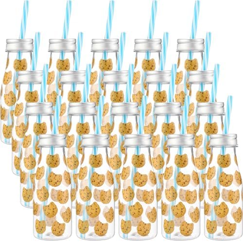 Yungyan 20 Pcs Plastic Cookies Milk Bottles with Straws and Lids Small Clear Milk Jar with Lids Mini Juice Bottles and 300 Sticker Labels for Theme Birthday Party Baby Shower - Image 6