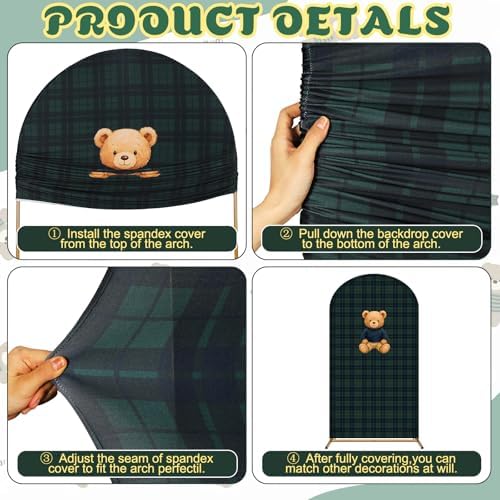 VitalCozy 7.2ft Tartan Plaid Baby Shower Bears Arch Backdrop Cover Vintage Green Birthday Party Decoration Bears Preppy Supplies for Baby Shower Theme Welcome Guest Party Decor - Image 4