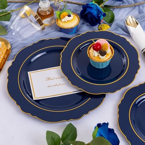 Liacere 350PCS Navy Blue Plastic Patriotic Plates-Disposable Blue Gold Plates 50guest Plastic Dinnerware include 100Plates,50Pack Pre Rolled Napkins with Silverware 50Cups for Party/Wedding/Labor Day - Image 5