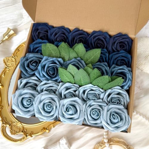 50pcs Dusty Blue Foam Fake Roses with Stems Navy Light Blue Artificial Flowers Real Looking for DIY Wedding Bouquets Bridal Shower Centerpieces Floral Arrangements Party Tables Home Decor Bulk - Image 4