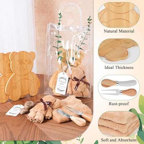 6 Sets Baby Shower Prizes for Game Winners Bear Shaped Bamboo Cheese Board with Knives, Towels, Gift Bags & Thank You Cards – 37Pcs Bridal Shower Favors for Guests - Image 4