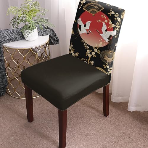 Cherry Blossom Dining Chair Covers Set of 4, Harmony Crane Red Moon Paper Fan Stretch Spandex Kitchen Chair Slipcovers Removable Washable, Parsons Protector for Wedding Party Living Room Baby Shower - Image 2