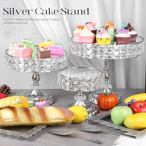 12-Piece Silver Cake Stand Set, Vintage Cake Stand with Crystal Edge and Cupcake Display Tray, Dessert Table Display Set for Wedding, Party, Baby Shower, Anniversary Celebration - Image 2