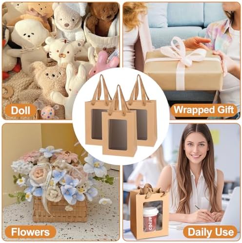 mekueeex 50 Pieces Paper Gift Bag with Transparent Clear Window 7.9 x 5.9 x 3.9 Inch Kraft Bags with Handles for Bridal Baby Shower Graduate Father Day Birthday Party Supplies(Brown) - Image 4