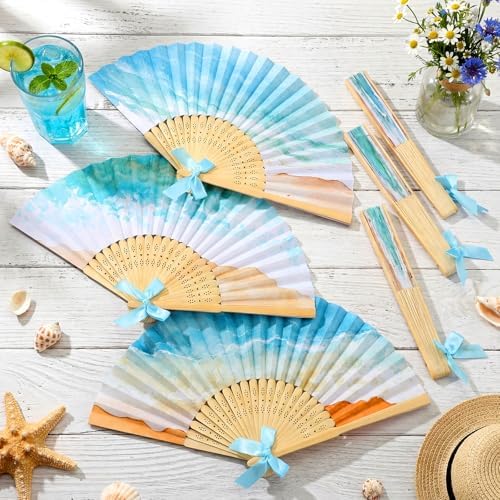 Roowest 36 Pcs Beach Folding Hand Fans Bulk Paper Bamboo Handheld Fan with Bows for Summer Beach Wedding Favors Bule Ocean Waves Fans for Bridal Baby Shower Birthday Party Luau Tropical Holiday Decor - Image 6