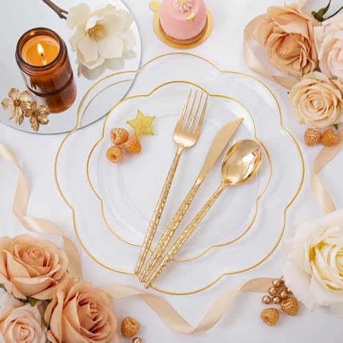 LIYH 150Pcs Gold Flower Clear Plastic Plates Silverware Set for Wedding - Image 2
