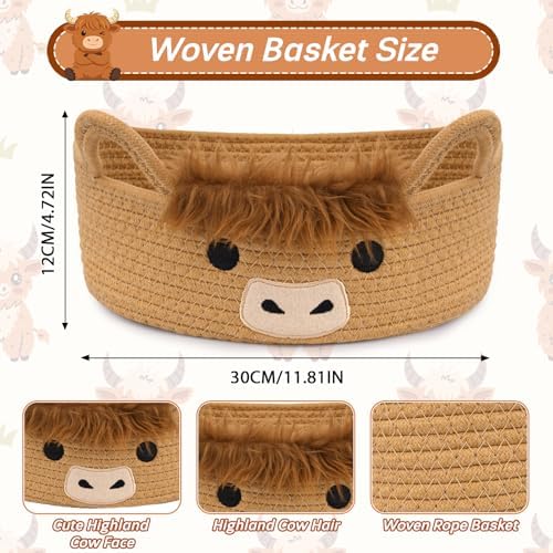 3 Pcs Oval Highland Cute Cow Basket for Nursery,Woven Rope Gift Basket - Image 3