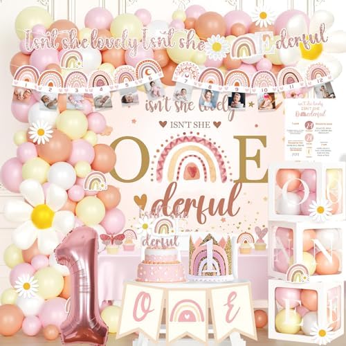 Isn’t She Lovely Isn’t She Onederful First Birthday Decorations, Little Miss Onederful Birthday Party Supplies with Boho Rainbow 1st Backdrop, Banner, Balloon Garland, Crown by Fiesec
