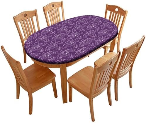 Purple Damask Pattern Print Oval Tablecloth Fitted Stain Resistant Oilproof Elastic for Kitchen and Dining Room Fits for 42" x 60" Oval Table by ZNCTFMR