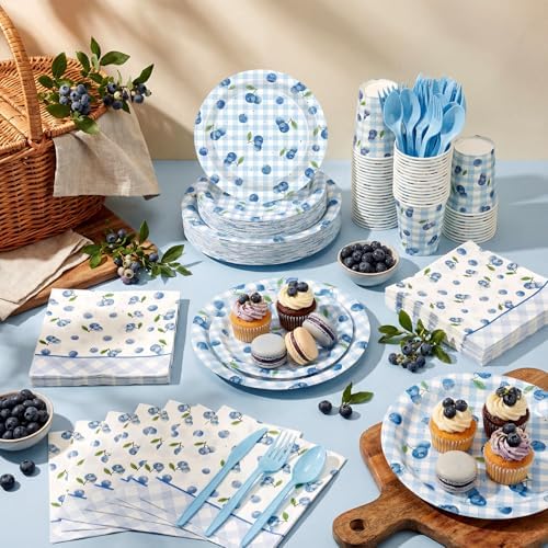 Funnymoom 400 Pcs Blueberry Birthday Party Supplies for 50 Guest Cute Fruit Checked Disposable Plates Napkin Cup Spoon Fork Knives for Birthday Baby Shower Anniversary Indoor Outdoor Party Supplies - Image 6