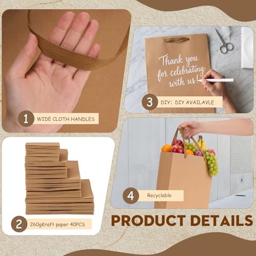 PerKoop 80 Pack Kraft Gift Bags with Handles 4 Sizes,Vertical,Brown - Image 3
