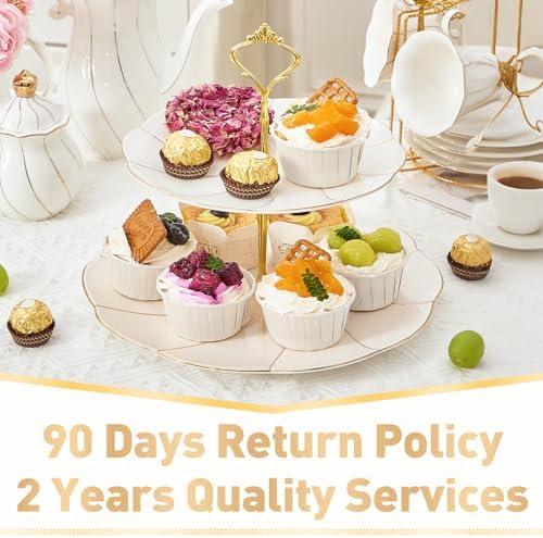 DUJUST Luxury Larger 2-Tier Cupcake Stand Tower, British Style Porcelain Serving Tray with Golden Trim, Food Grade Dessert Display Stand for Tea Party & Home Décor - 40% Larger Plates - Image 6
