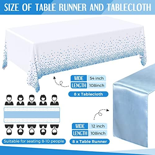 Tudomro 16 Pack White and Light Blue Plastic Tablecloths Satin Runner Set - Image 2