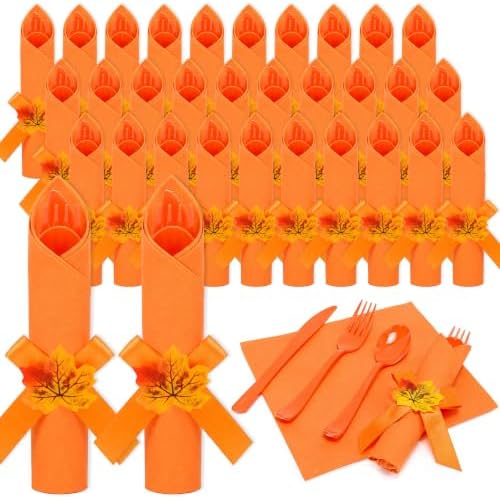 30 Set Thanksgiving Pre Rolled Silverware Fall Disposable Cutlery by Lanties