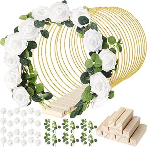 Yinder 15 Pcs Metal Floral Gold Hoop Centerpiece with Stand,10 Inch,White by Yinder