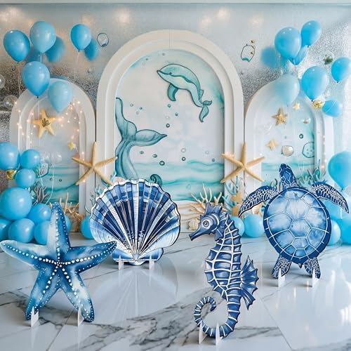 4 Pack Under The Sea Party Decorations Sea You Soon Decoration 20.47 Inch Large Birthday Party Cardboard Cutout Blue Turtle Seahorse Starfish Shell Stand-ups Ocean Theme Photo Booth Props - Image 4