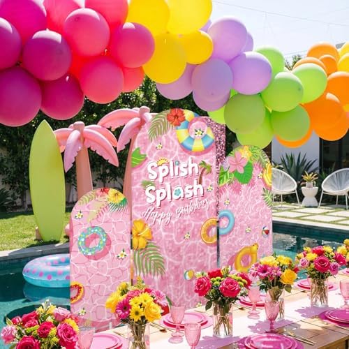 Chunful 3 Pcs Splish Splash Birthday Party Decorations Summer Pool Backdrop Arch Cover Cute Happy Birthday Party Decorations for Swimming Pool Photo Background Decor 6 ft/5 ft/4 ft(Pink-Green) - Image 2