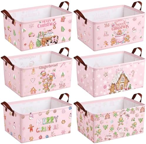 CHENGU 6 Pack Christmas Storage Basket Pink Collapsible Christmas Basket for Gifts Gingerbread Man Holiday Decor Large Gingerbread House Bin Foldable Xmas Tree Box with Handle for Bedroom Office Home by CHENGU