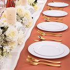 U-QE 150PCS White Plastic Plates with Gold Cutlery - Include 60 Dinner and Dessert Plates, 30 Forks, 30 Knives, 30 Spoons, Ideal for Wedding and Party - Image 5