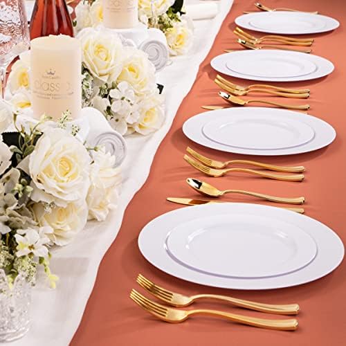 U-QE 150PCS White Plastic Plates with Gold Cutlery - Include 60 Dinner and Dessert Plates, 30 Forks, 30 Knives, 30 Spoons, Ideal for Wedding and Party - Image 5