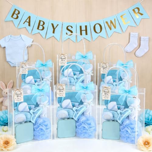98 PCS Baby Shower Prizes for Game Winners, Pink Spa Party Favors Gifts with Sleep Masks Jewelry Box Scrunchies Claw Clips Powder Puff Gift Bags and Thank You Cards for Guests Bridal Shower (Blue) - Image 4