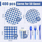 Funnymoom 400 Pcs Gingham Party Supplies for 50 Guests Dark Blue and White Paper Plates and Napkins Knives Spoon Fork Cup Disposable Checkered Dinner Party Set Cutlery for Baby Shower Wedding Favor - Image 3
