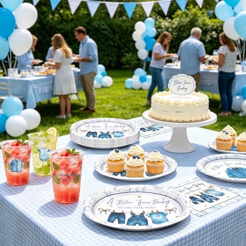 200 Pcs Blue Jean Baby Shower Decorations, Disposable Paper Plates Napkins Plastic Cups & Stickers, Denim Theme Party Tableware Set for Boy Baby Shower Birthday Gender Reveal Party Supplies Serves 50 - Image 5