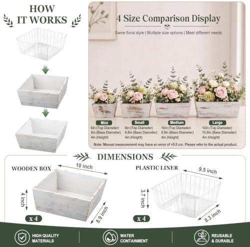 Dandat 4 Set 10 Inch Wooden Flower Box Rustic Table Centerpieces,White - Image 2