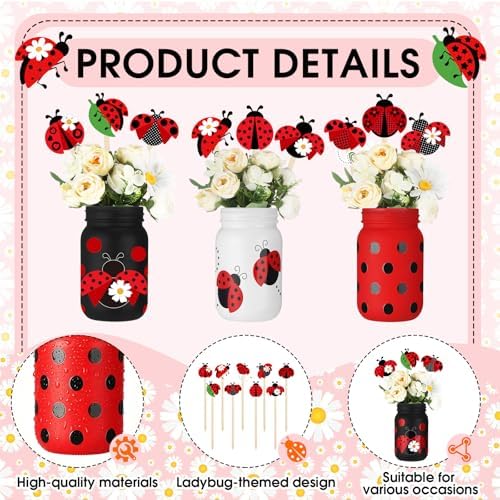 12 Pcs Ladybug Baby Shower Decorations Set with Wooden Picks Jars - Image 3