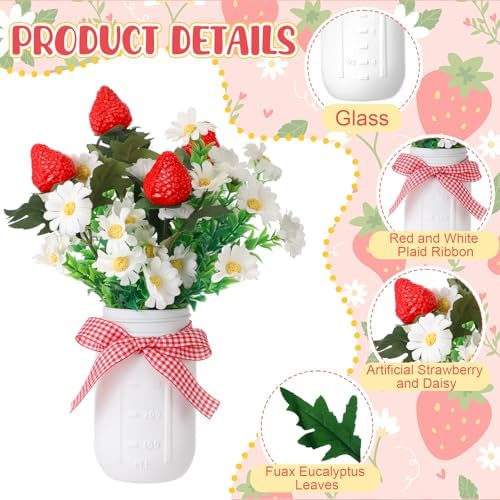 Mimorou 5 Set Strawberry Mason Jar Table Centerpiece DIY Artificial Strawberry Daisy Plants with Faux Leaves Home Centerpieces for Baby Shower Decor Home Summer Farmhouse Wedding Kitchen - Image 5