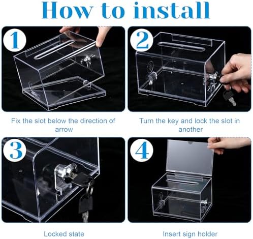 4 Pcs Donation Box, Clear Acrylic Raffle Ticket Boxes with Slot Tip Box with Lock and Sign Holder Suggestion Ballot Boxes for Fundraising Donation Voting Raffle Secure Storage, 6.1'' x 4.3'' x 3.8'' - Image 4