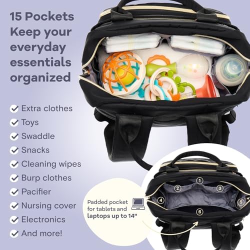RUVALINO Diaper Bag Backpack, Multifunction Travel Pack Maternity Baby Changing Bags, Large Capacity, Waterproof, Deep Black, Polyester - Image 4