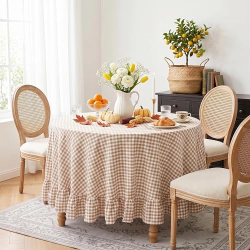 Eternal Beauty Gingham Ruffled Tablecloth Brown Taupe White 70 Round Fall - Image 2