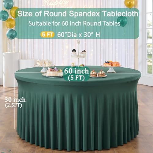 8 Pack Hunter Green Round Spandex Tablecloth for 60 inch Table, Stretchy 120inch Fitted 5FT Round Table Cloths Dark Green, Wrinkle Free Table Cover with Skirt for Wedding Party Dining Banquet - Image 4