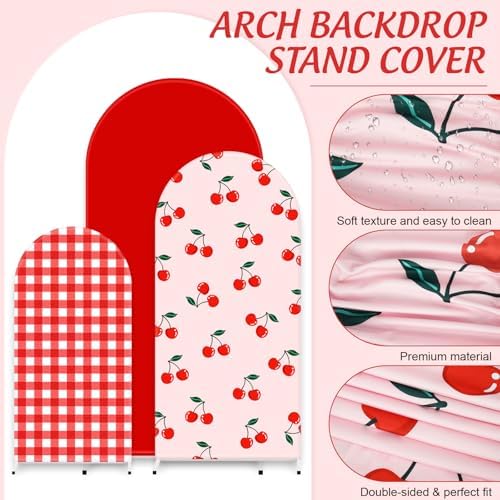FYSUIMU 3 Pcs Cherry Arch Backdrop Covers Pink Red Plaid Stretchy Spandex Arch Stand Fabric Cover for Wedding Birthday Baby Shower Gender Reveal Party Decoration (4ft/5ft/6ft) - Image 3