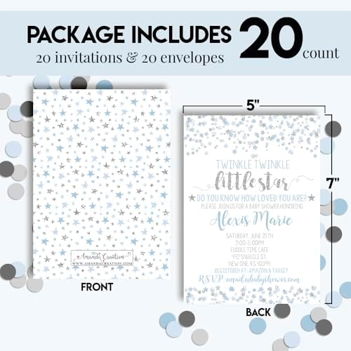 Custom Baby Shower Invites Twinkle Baby Boy Shower Invitations 20 5x7 Personalized Little Star Invites With Envelopes - Unique Blue and Silver Star Baby Shower Cards - Image 4