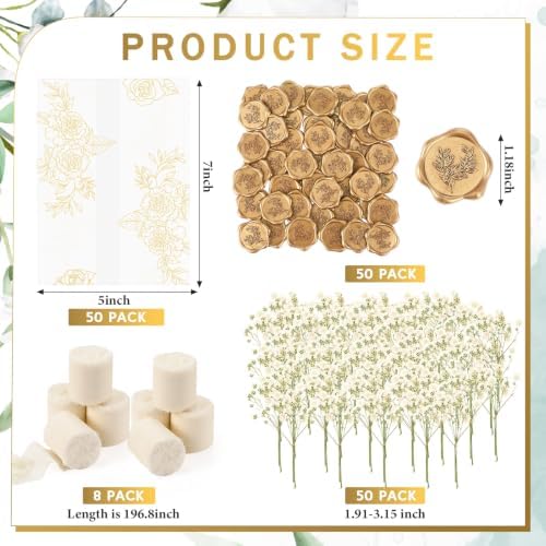 Fullhawl 100 Sets Wedding Invitations Wraps Set Pre Folded Vellum Jackets for 5 x 7 Invitations Dried Flowers Wax Seal Stickers Chiffon Silk Ribbon for Wedding Birthday Bridal Shower (White) - Image 2