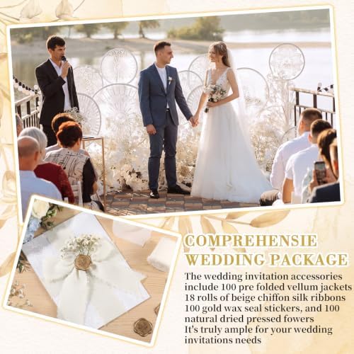 Fuyoooo 100 Set Wedding Invitations Wraps Set Pre Folded Vellum Jackets for 5 x 7 Invitations Self Adhesive Wax Seal Stickers Dried Baby's Breath Chiffon Silk Ribbon for Craft DIY (Rose Style) - Image 5