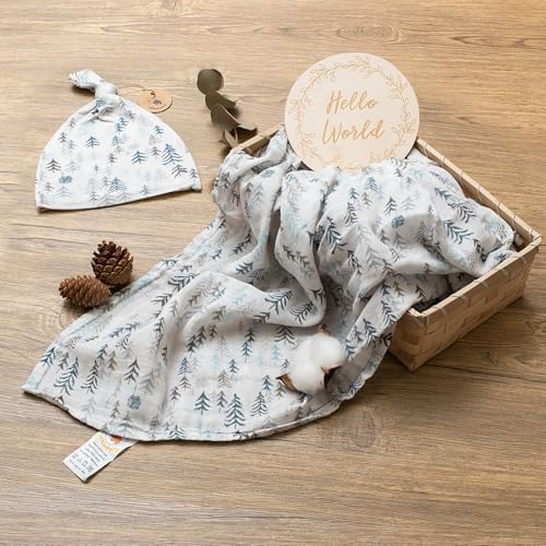 Miaoberry Forest Organic Muslin Swaddle Blankets for Baby Boy with Matching Hat and Wooden Hello World Newborn Sign | Newborn Photography Props | Birth Announcement Sign - Image 5