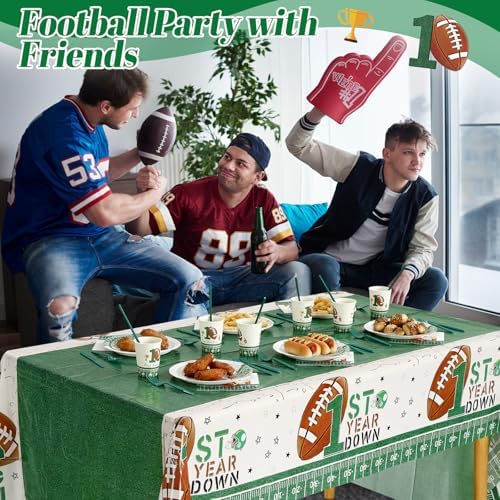 Potchen 452 Pcs Themes Party Supplies Decorations for 50 Guests, Paper Plates Napkins Cups Tablecloth Cutlery Straws for Birthday Baby Shower Party Decorations(Green Brown,1st Football Birthday) - Image 5