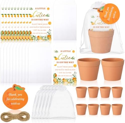 Ctosree 50 Sets Cutie Baby Shower Party Favors for Guests A Little Cutie Is on The Way Seed Packets Include Self Adhesive Seed Packets Flowerpot Thank You Tags Organza Bags for Orange Baby Shower by Ctosree