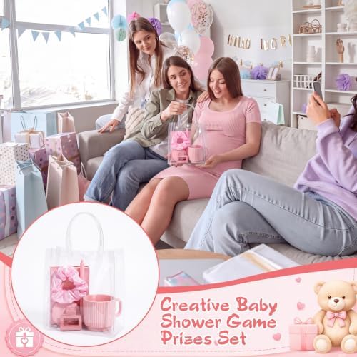 42Pcs Baby Shower Prizes for Game Winners, Baby Shower Guests Favor Set with Scrunchies Ceramic Mug Hair Claw Mirror Pen A6 Notebook Gift Bag for Wedding Bridal Showers Favor (Pink) - Image 6