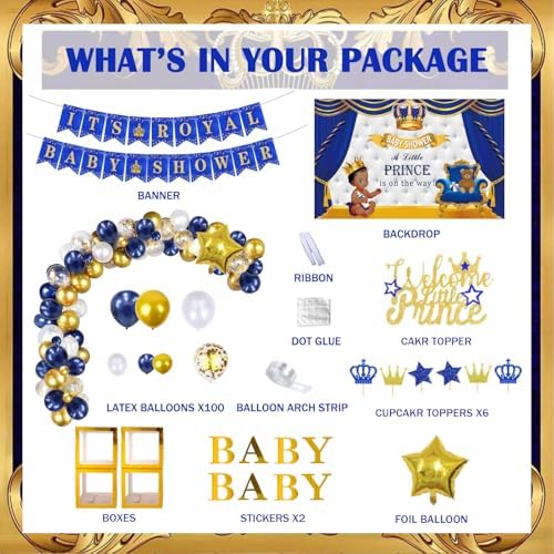 122 PCs Royal Prince Baby Shower Decorations for Boy, Fiesec A Little Prince Is On The Way Its Royal Baby Shower Backdrop Balloon Garland Banner Cake Cupcake Topper Crown Star Blue White Gold - Image 2