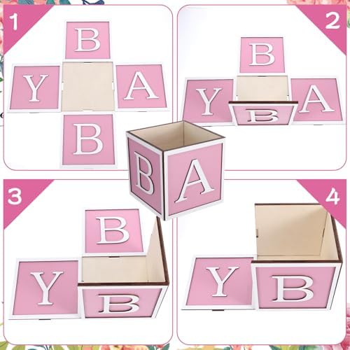 4PCS Baby Shower Centerpieces for Tables - 6 Inch Pink Wooden Boxes with 3D - Image 3