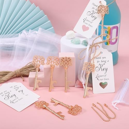 60 PCS Vintage Skeleton Key Bottle Opener with Organza Bags, Thank You Tags, Jute Rope and Chains - Perfect Wedding Gifts and Baby Shower Favors for Guests (Rose Gold) - Image 2